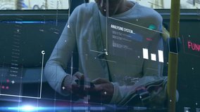 Commuter boarding bus and activating scanning tech UI with charts analysing data tapping smartphone. Futuristic, technology, urban, data, digital, modern, mobility - Powered by Shutterstock - Get 15% off with code: PIKWIZARD15