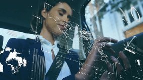 Executive lifting and tapping smartphone, creating tech map highlighting global networks in car. Digital, connectivity, professional, urban, modern, high-tech, business - Powered by Shutterstock - Get 15% off with code: PIKWIZARD15