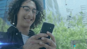 Man using smartphone on city sidewalk initiating tech analysis showing animated graphs for insight. Technology, data, analytics, urban, digital, innovation, modern - Powered by Shutterstock - Get 15% off with code: PIKWIZARD15