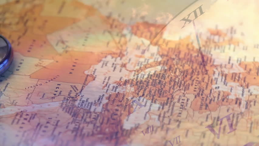 Compass resting antique West Africa map, camera panning eastward, clock hands moving tracking time. Navigation, exploration, vintage, geography, travel, planning, discovery