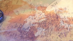 Compass resting antique West Africa map, camera panning eastward, clock hands moving tracking time. Navigation, exploration, vintage, geography, travel, planning, discovery - Powered by Shutterstock - Get 15% off with code: PIKWIZARD15