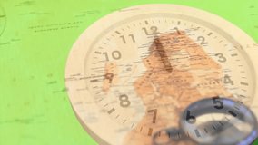 Opening flat design white clock over map, minute hand rotating clockwise as map shifting time zones. Minimalist, global, navigation, travel, digital, infographic, enterprise - Powered by Shutterstock - Get 15% off with code: PIKWIZARD15