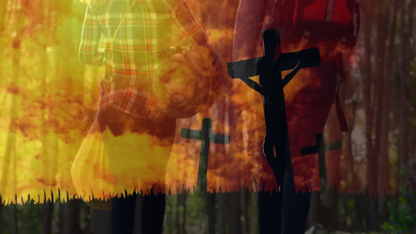 Couple backpacking through pine forest triggers glowing cross silhouettes fading in for faith. Adventure, serenity, spirituality, contemplation, outdoors, harmony, natural