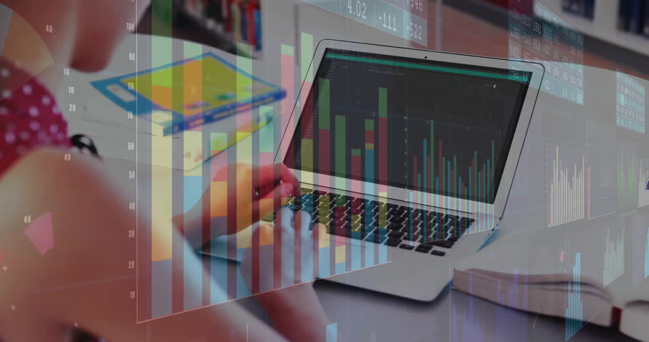 Female student typing on laptop, activating study overlay morphing bar chart to line plot. Study, data, analytics, education, technology, visualization, concentration