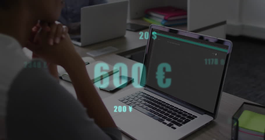 Data analyst monitoring floating currency and temperature numbers triggered by blank laptop screen. Futuristic, technology, analytics, financial, digital, professional, modern