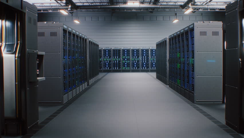 Modern Data Technology Center with Server Racks in Big Storage with VFX Animation. Animated Visualization of Data Flow, Internet Traffic on Servers. Digitalization and Internet of Things. Dolly Shot. - Powered by Shutterstock - Get 15% off with code: PIKWIZARD15