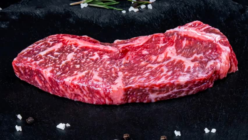 Premium Wagyu Beef Steak Marbled Texture On Black Stone Surface For Grilling Preparation