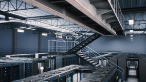 Futuristic Data Center with Server Racks in Big Warehouse. Animated Visualization of Internet Servers, AI Information Technology and Cybersecurity. IOT and Digitalization Concept. VFX Animation. - Powered by Shutterstock - Get 15% off with code: PIKWIZARD15