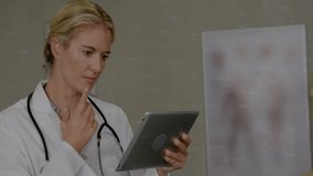 Female doctor tapping tablet and scrolling holographic green health charts, analyzing patient data. Technology, healthcare, data visualization, diagnostics, innovation, professionalism, digital - Powered by Shutterstock - Get 15% off with code: PIKWIZARD15