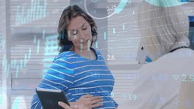 Pregnant patient touching belly and showing tablet while doctor reviewing medical data with charts. Healthcare, maternity, consultation, digital, professional, analysis, maternitycare - Powered by Shutterstock - Get 15% off with code: PIKWIZARD15