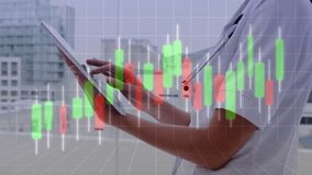 Medical professional stepping onto balcony lifting tablet tapping candlestick charts analyzing data. Health, technology, finance, urban, management, analytics, corporate - Powered by Shutterstock - Get 15% off with code: PIKWIZARD15