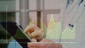 Male physician tapping tablet and swiping graph in hospital corridor, monitoring patient metrics. Medical, technology, analytics, healthcare, digital, innovation, professional - Powered by Shutterstock - Get 15% off with code: PIKWIZARD15