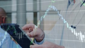 Doctor tapping tablet outside clinic revealing fading chart overlay and tracking financial trends. Medical, technology, analytics, professional, modern, healthcare, collaboration - Powered by Shutterstock - Get 15% off with code: PIKWIZARD15