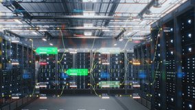 Modern Data Technology Center with Server Racks in Storage with VFX Animation. Animated Visualization of Diagrams of Networking System, Internet Traffic on Servers. Digitalization, Internet of Things. - Powered by Shutterstock - Get 15% off with code: PIKWIZARD15