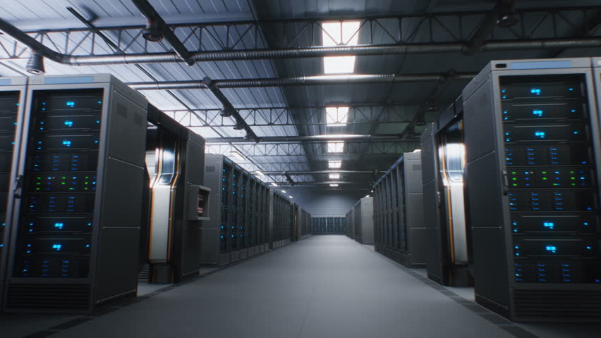 Modern Data Technology Center with Server Racks in Large Storage with VFX Animation. Animated Visualization of Data Flow, Internet Traffic on Servers. AI Digitalization and Internet of Things Concept.