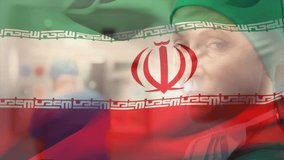 Gloved hand lifting Iranian flag revealing female surgeon smiling with mask lowered in hospital OR. Patriotism, healthcare, medical, professionalism, resilience, unity, symbolic - Powered by Shutterstock - Get 15% off with code: PIKWIZARD15