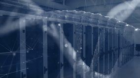 After pause, 3D helix materializing drifting over racks with network mesh pulsing showing data flow. Technology, cybersecurity, digital, innovation, connectivity, futuristic, infrastructure - Powered by Shutterstock - Get 15% off with code: PIKWIZARD15