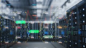 Modern Data Technology Center with Server Racks in Big Storage with VFX Animation. Animated Visualization of Diagrams of Internet Traffic on Servers. Digitalization and Internet of Things Concept. - Powered by Shutterstock - Get 15% off with code: PIKWIZARD15
