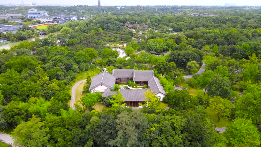 Aerial exploration of yangzhou slender west lake beautiful scenery and historic architecture in china