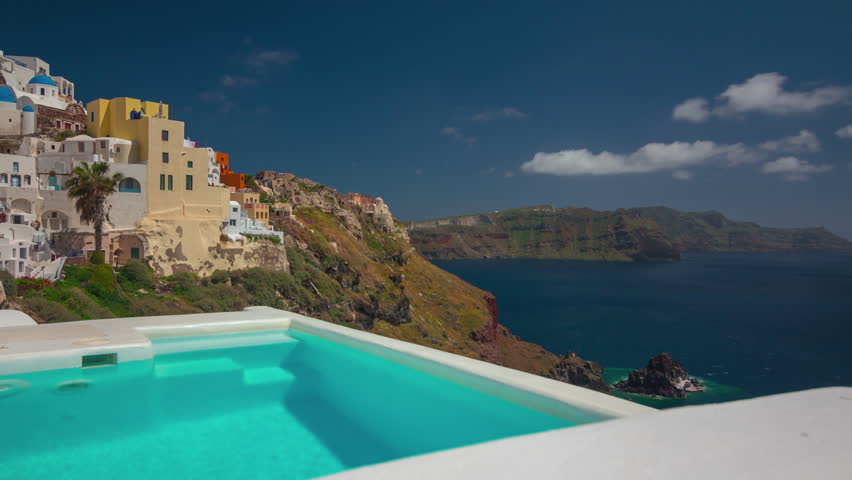 sunny day santorini island fira town hotel pool panorama timelapse 4k greece