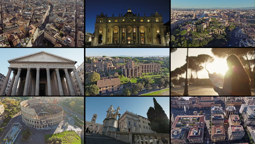 Collage of videos of tourist attractions, architecture and cityscape of Rome. Beautiful houses of the capital of Italy, streets.