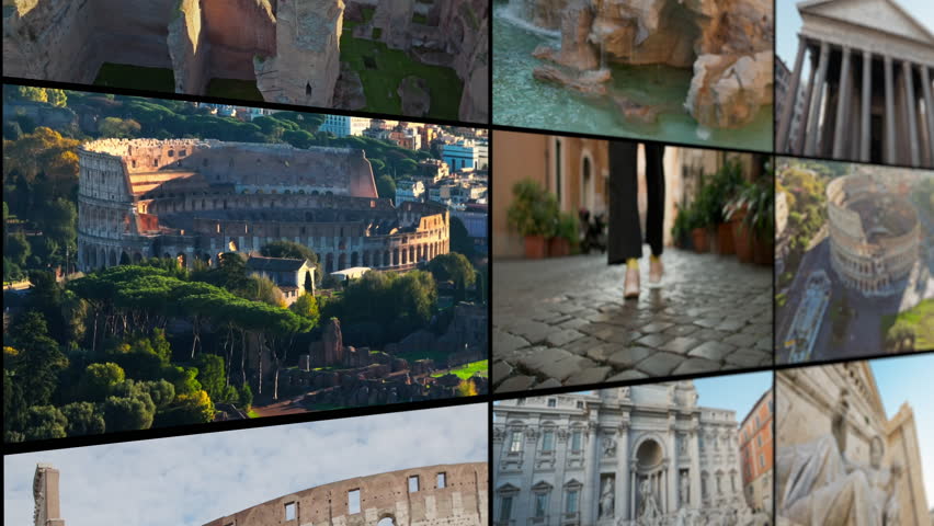 Collage of video architecture of Rome Italy. Tourist attractions of the capital, buildings and roads of the Colosseum and streets, urban landscapes.
