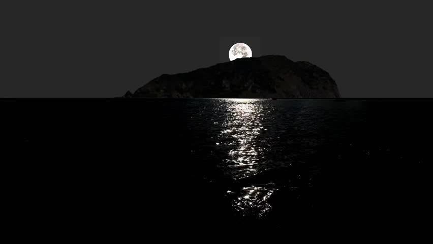 Full moon peeks over a dark, silhouetted island, its bright reflection creating a shimmering path on the inky black ocean. Minimalist, serene, and mysterious nightscape.