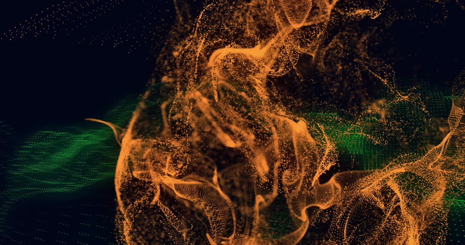 Opening with orange cloud coalescing, expanding as green binary code weaving for data visualization. Futuristic, cyberspace, digital, sci-fi, abstract, technology, innovation