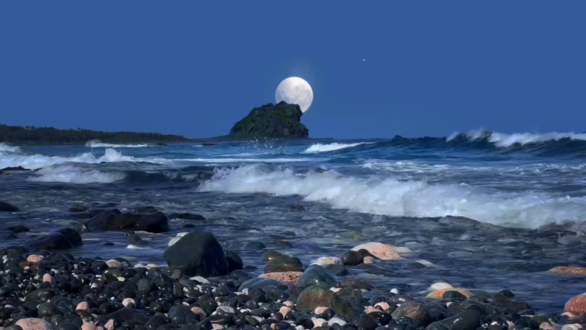 Full moon shines over a dark, rocky beach with gentle ocean waves lapping the shore. A serene and moody coastal nightscape under a deep blue sky with stars.