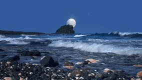 Full moon shines over a dark, rocky beach with gentle ocean waves lapping the shore. A serene and moody coastal nightscape under a deep blue sky with stars. - Powered by Shutterstock - Get 15% off with code: PIKWIZARD15