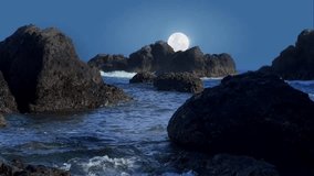 Bright full moon rises behind rugged, dark rock formations in a calm blue ocean. A dramatic and serene coastal nightscape with gentle waves and lunar reflections. - Powered by Shutterstock - Get 15% off with code: PIKWIZARD15