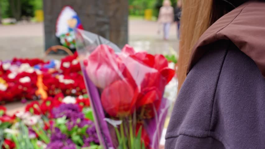 The Victory Monument and the eternal flame with carnations, a symbol of victory over fascism and May 9. Russia.