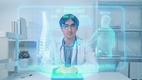 A male doctor uses a futuristic holographic interface displaying spine scans and patient data, representing the integration of AI assistance in medical diagnosis and healthcare. - Powered by Shutterstock - Get 15% off with code: PIKWIZARD15