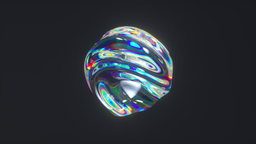 Transparent iridescent sphere with smooth surface ripples and dynamic light reflections. 4k seamless loop holographic animation.