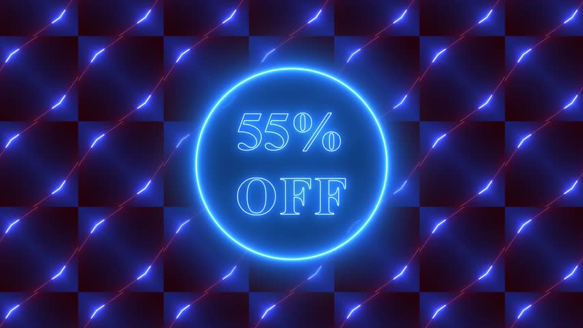 Up to 55 Percent off sale discount, animated 55 percent discount offer with neon line border with abstract neon lines zoom background