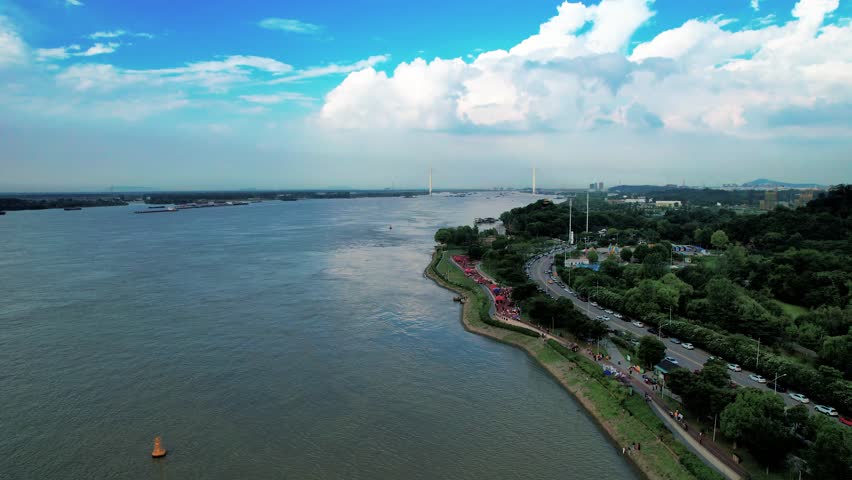 Aerial perspective of yanziji riverside scenic belt along the Yangtze River in Nanjing, China