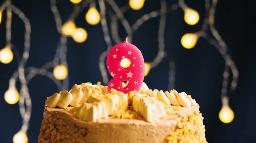 A beautiful birthday cake with a bright pink number 9 candle, captured in a magical slow-motion moment just as the flame is blown out. Set against a vibrant Lighting background
