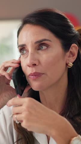 Phone call, smile and thinking with business woman in office for feedback, negotiation or update. Communication, conversation and discussion with mature employee in workplace for planning or strategy
