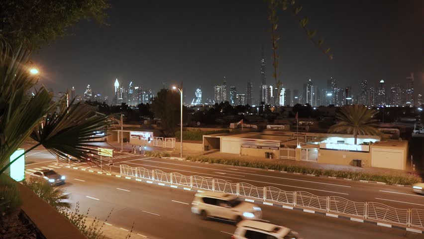night view of the beautiful city of dubai in the united arab emirates. Downtown and skyscrapers of the business center in the evening. Burj Khalifa. Islamic culture and travel
