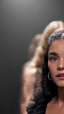 Event, fashion show and runway with models in studio for launch or premiere of clothes brand. Catwalk, creative and designer outfit with people walking at showcase for clothing line presentation