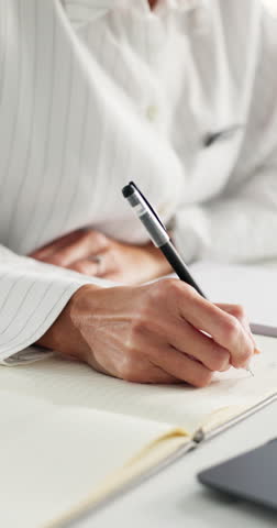Medical, woman and hands of doctor writing in office for planning, report or healthcare study. Schedule, learning and surgeon with notebook for thinking, research information or medicine reference
