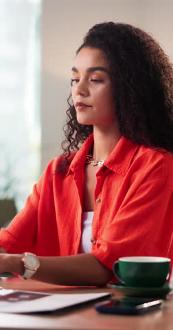 Coffee, aroma and woman in home for remote work with calm, peace and break at desk for creative career. Smile, freelancer and female copywriter smelling scent of cappuccino with relax in house.