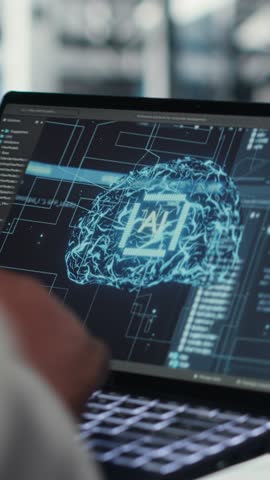 Vertical video Close up of data center engineer doing IT maintenance tasks using AI technology. Server room worker providing tech support after identifying hardware issues using predictive artificial