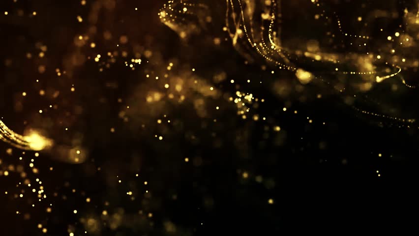Gold Particles Moving Background. fast energy flying wave line with flash lights. Particle from below. Particle gold dust flickering on black background. Abstract Footage background for text.