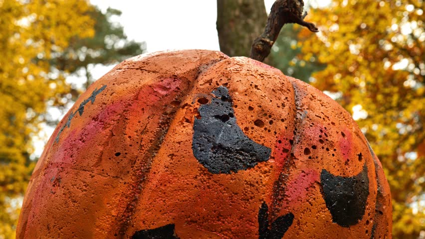 Jack Lantern portrait on autumn forest background. Pumpkin Horror Monster. Halloween holiday symbol.Festive decoration for autumn holidays. 4k footage