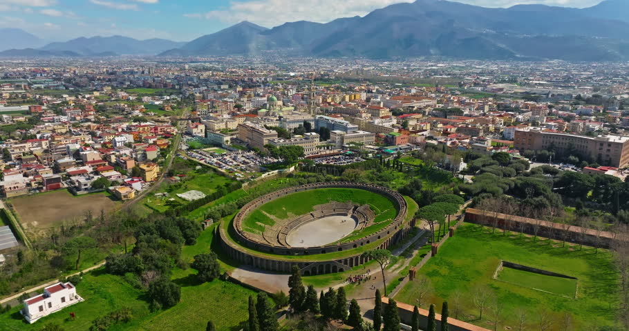 Aerial view of Amphitheatre of Pompeii is the oldest surviving Roman amphitheater. Pompeii, Italy