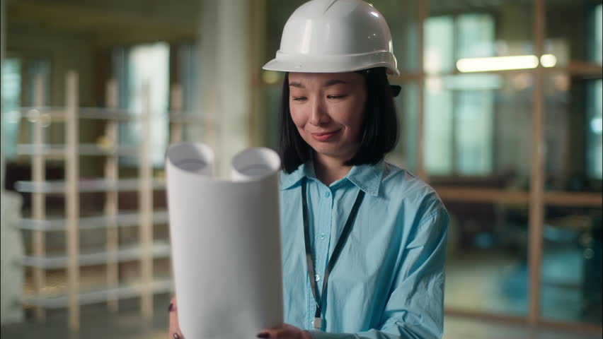 Woman civil engineer in hard hat Asian girl inspector looking at building plan construction paper draft electricity Chinese Korean Japanese female contractor architect builder architectural project