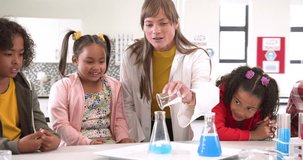 Teacher and diverse students amazed by colorful science experiment in classroom. Education, diversity, learning, chemistry, school, STEM - Powered by Shutterstock - Get 15% off with code: PIKWIZARD15