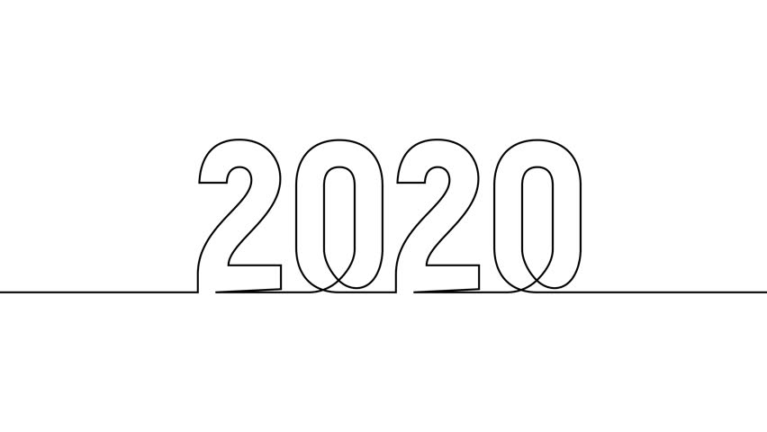 2020 new year continuous line art clip self drawing animation on white black background. single one line art written outline sketch illustration 2020 year numbers video