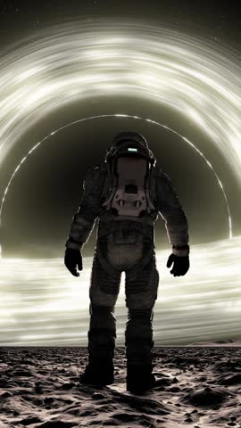 Astronaut in Space in Spacesuit on Black Hole Background. Spaceman Exploring Surface Event Horizon in Expedition. 3d Animation Walking Man Cosmos Footage. Unrecognizable Cosmonaut. 3D Illustration